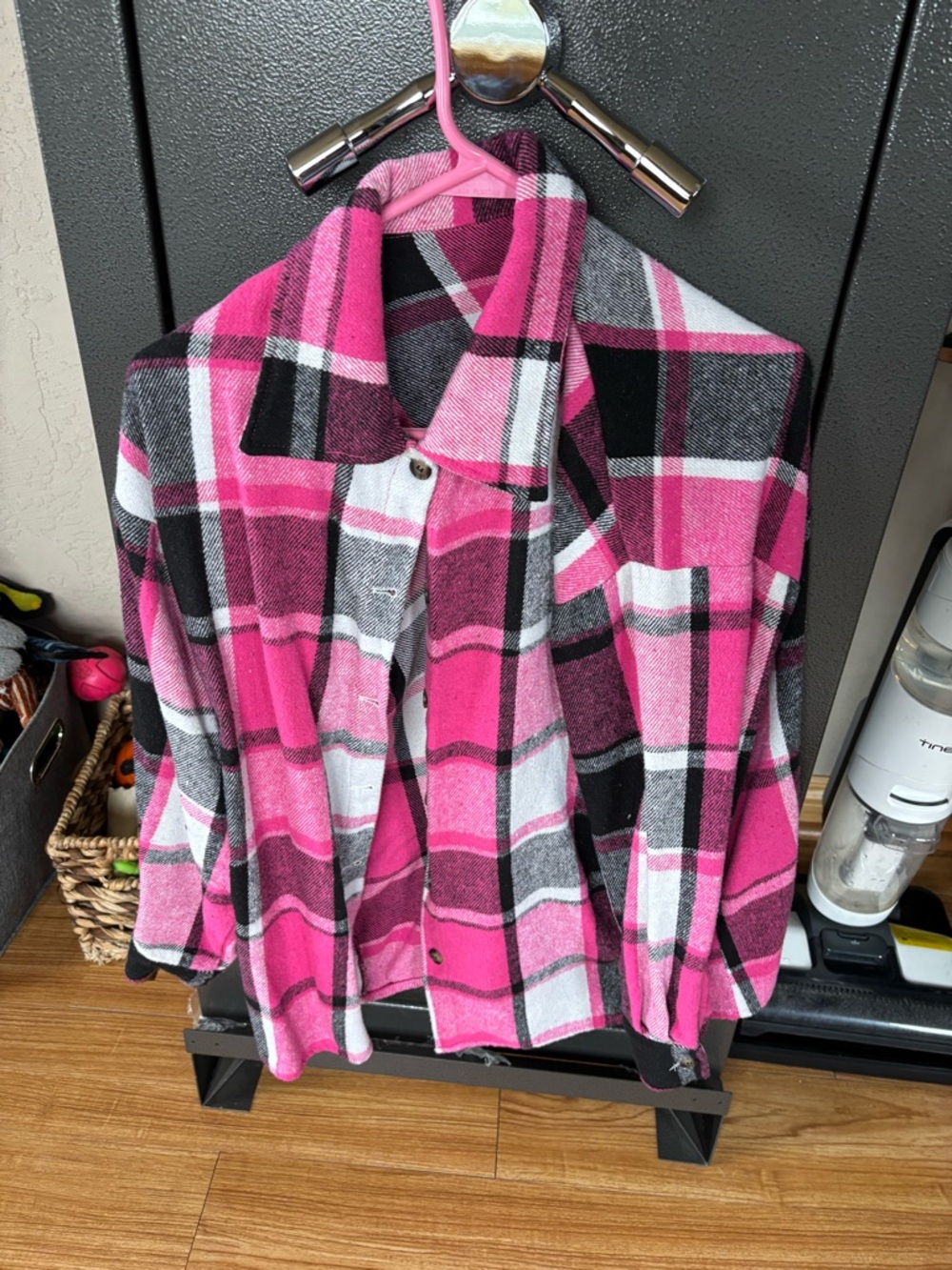 Pink Plaid Button-Down Shirt Jacket - Women's